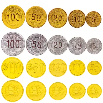 100pcs שודדי זהב מטבעות פלסטיק מזויפים המשחק אביזרים Accessary חג המולד אוצר אוצר אביזרי קוספליי מצחיק משחקים צעצועים לילדים
