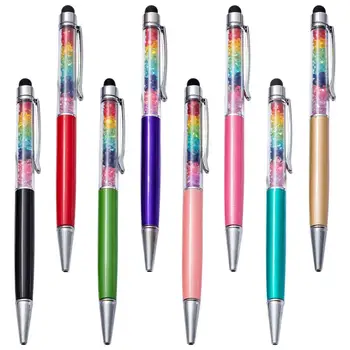 10pcs/הרבה סיטונאי מתנות מסך מגע קשת קריסטל עט נצנצים צבעוניים כותב מתכת, כדוריים, עטים עם לוגו מותאם אישית
