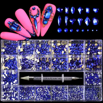1Box מעורב מבריק כחול קריסטל 3D אמנות ציפורן ריינסטון קישוטי יהלומים תכשיטי זכוכית מניקור עיצוב אביזרים אספקת