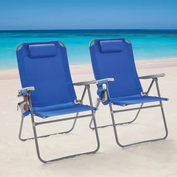 2-Pack כחול כסאות החוף, המשענת ב-4 עמדות, גדול ונוח, מושלם עבור רובצים בבריכה