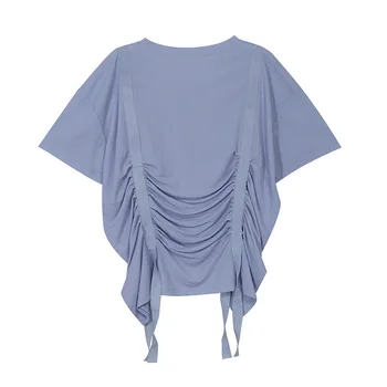 2021 נשים עיצוב חדש צוואר עגול מוצק צבע Tshirts מקסימום קיץ גבירותיי אופנה אינדי כחול אופנת רחוב מזדמן חולצות לנשים