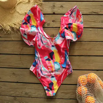 2022 אופנה צבעונית הדפסה לפרוע V-צוואר ביקיני חתיכה אחת מגזרת לדחוף את בגד הים Slim Fit סקסי ללא משענת Beachwear