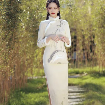 2022 בחורף סינית מסורתית מודרנית פרווה צווארון צמר ארוך רקום Cheongsam שמלת רטרו משופרת נשים צ ' יפאו השמלה