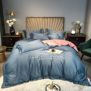 2022 החדש ארבעה חלקים מצעים אופנה כותנה כפול משק הבית סדיני המיטה השמיכה לכסות החדרת עיצוב מצעים כחול צבע ורוד