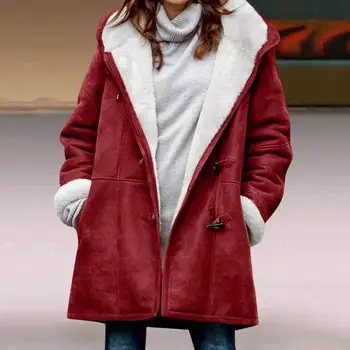 2022 פרוותי נשים מעילים הלבשה עליונה פאזי ' קט פליז מצופה מעטה קרן כפתורים ברדס מעיל נשים מעיל куртка женская зимняя