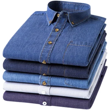 2023 100% כותנה טהורה גברים ג ' ינס חולצה עם שרוולים ארוכים צעיר מקרית וינטאג כפתור מוצק צבע יחיד עם חזה גופיה