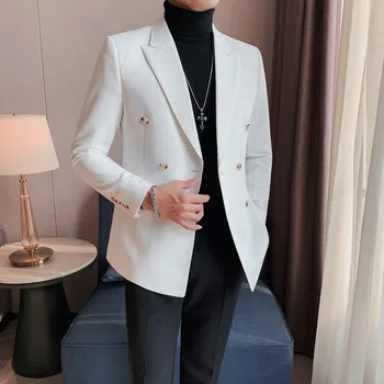 2023 אופנה חדשה גברים מזדמנים בוטיק עסקי מוצק צבע כפול עם חזה שמלה רשמית ז ' קט בלייזר מעיל, מעיל כותנה