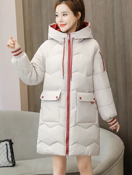 2023 חורף חדש נשים מעיל חם, מכורבלים במעילים ארוכים והברדסים אופנה קוריאנית כותנה ברדס Windproof מעיל מזדמן נקבה להאריך ימים יותר