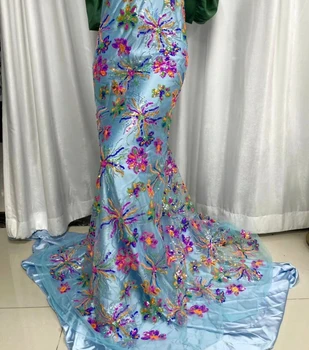 2023 טול תחרה בד Latest איכות גבוהה אפריקה ניגריה עם רקמה תפירה Guipure נשף שמלות פייטים חרוזים 5Yards