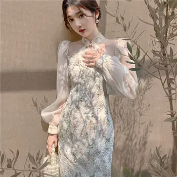 2023 סיני חדש שיפון cheongsam שמלת ליידי לעמוד צווארון סלים cheongsam שמלת ליידי חינני שיפור cheongsam שמלת