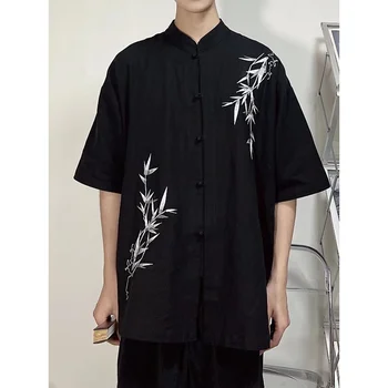 2023 קיץ בסגנון סיני לעמוד צווארון במבוק מודפס שרוול קצר חולצת רטרו טאנג חליפה העליון לגברים טאי צ ' י, אומנויות לחימה החולצה