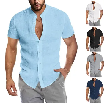 2023 קיץ חדש בציר Mens חולצה שטחי כותנה פשתן חופשי מוצק שרוול קצר כפתור מקסימום Harajuku מותג חולצה לגברים