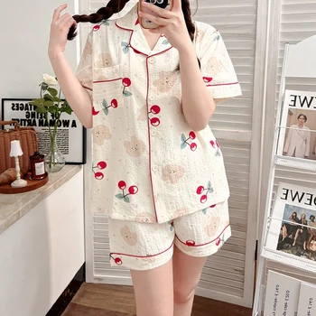 2023 קיץ כותנה הדפסה שרוול קצר מכנסיים סטים של פיג ' מה לנשים קוריאנית חמודה הלבשת לילה החליפה Homewear Pijama Mujer הבגדים הביתה
