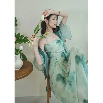 2023 קיץ כחול בסגנון הלאומי קרדיגן קלע שמלה חדשה בסגנון סיני לנשים hanfu ציור שמן hanfu העתיקה סגנון השמלה להגדיר