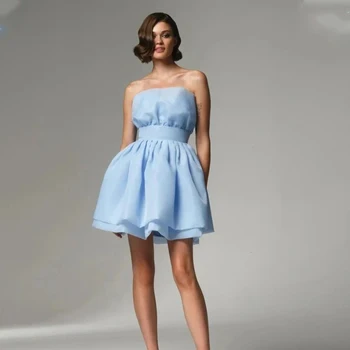 2024, אור כחול סטרפלס קצר מיני אורגנזה שמלות לנשף בהזמנה אישית רשמית כלה גדל 2024 שמלות ערב