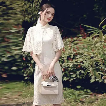2pcs/Set לבן תחרה ללא שרוולים Cheongsam הסינית הלבוש המסורתי לנשים עם צעיף וינטג להראות תלבושות צ ' יפאו S עד XXL