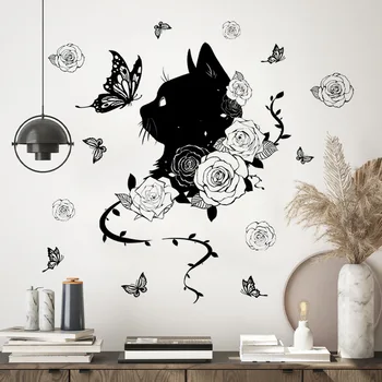 30*90 סנטימטרי החתול השחור פרח פרפר מדבקות קיר חדר השינה מחקר רקע קיר הבית קיר דקורטיבי מדבקות טפט Ms2294