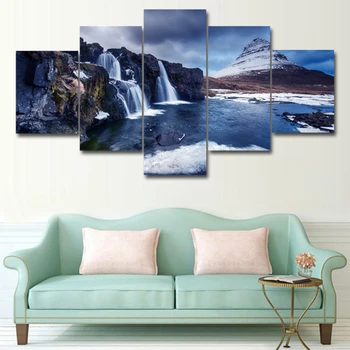 5 חתיכות הר השלג מפל נוף פוסטרים מודולרי בד HD הדפסי ציורים אמנות קיר תמונות עיצוב הבית לא ממוסגר