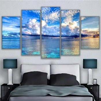 5 חתיכות פוסטרים הים נוף ענן שמיים כחולים אמנות קיר תמונות עיצוב הבית מודולרי בד HD ציורים לסלון קישוט