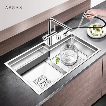 ASRAS אל חלד 304 מדרגות שלב בעבודת יד הכיור במטבח עם סט אחד גדול כיור ירקות כביסה, שטיפת כלים