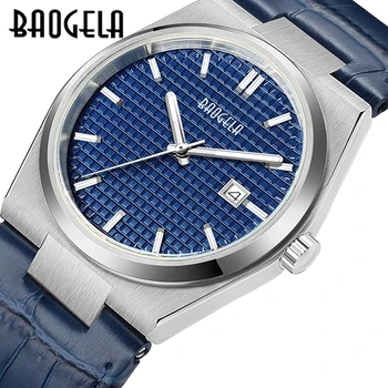BAOGELA 40mm כחול שעונים גברים עמיד למים קוורץ עור שעון היד העליונה מותג אופנה ספורט לוח זוהר Relogio Masculino