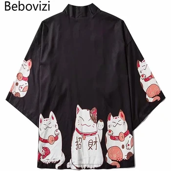 Bebovizi יפן סגנון בגדי גברים קיץ אופנת רחוב החתול הדפסה קימונו קרדיגן מנדרין החלוק גברים יוניסקס יפנית מגמה קימונו