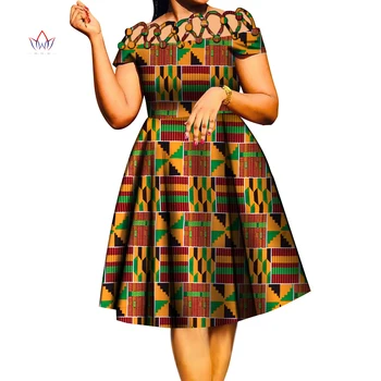 BintaRealWax אפריקה שמלות לנשים חבל כותנה אריגה צווארון אפריקה הדפסת שעווה בגדים באורך הברך ליידי שמלה WY335