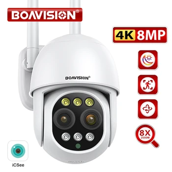BOAVISION HD 8MP מצלמה WIFI PTZ כפול עדשה 8X זום דיגיטלי חיצוני 4K AI דמוי מעקב אוטומטי זום אודיו iCSee מצלמת אבטחה