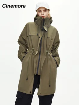 Cinemore 2021 מעיל נשים סתיו נוסע מזדמן מעיל רוח רופף אופנה מוצק דש ארוך עם ברדס המעיל העליון 82018