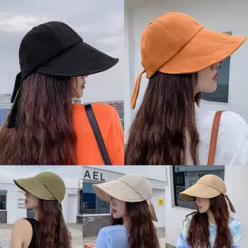 COKK שמש כובע נשים קיץ הגנה אופנתי קוריאה מתקפל ריק העליון Sunhat שוליים רחבים, מצחייה עם קשת החדשה