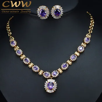 CWWZircons מבריק עגול להשתלשל זרוק גביש סגול כלה שרשרת, עגילים להגדיר דובאי צבע זהב תכשיטים לחתונה T275