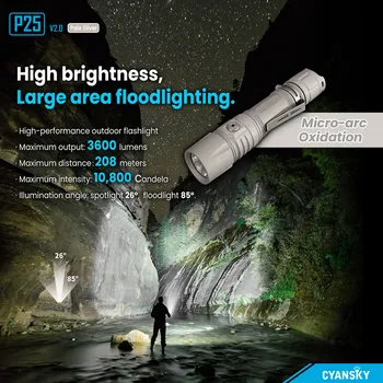 CYANSKY P25 V2.0 3600 Lumens פנס טקטי USB-C נטענת LED Floodlight מיקרו-arc חמצון חיוור כסף Waterpoof
