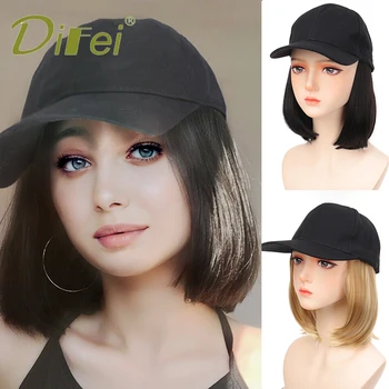 DIFEI כובע סינטטי הארכת שיער הפאה כובע עם שיער הפאה בוב עבור אישה בייסבול קצר ישר עמיד בפני חום שחור טבעי