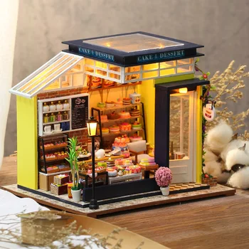 DIY בית מיניאטורי עם ריהוט LED דגם אבני הבניין צעצועי עץ לילדים קאסה דה Boneca עשה זאת בעצמך עוגת חנות אותם.