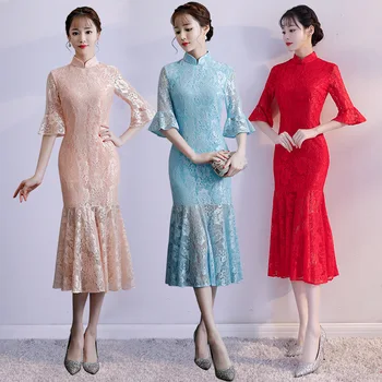 Fishtail תחרה ארוכה Cheongsam שמלת אלגנטי סלים נשים סינית מסורתית להתלבש הגברת 3 צבעים מזרחי בערב צ ' יפאו 90