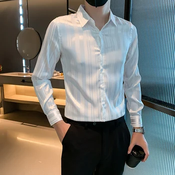 High-end שרוול ארוך משי Chemise Homme יוקרה בסגנון קוריאני פסים חולצות לגברים חתונה נשף מסיבת כפתור Mens טוקסידו החולצה