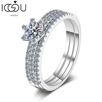 IOGOU 100% כסף סטרלינג 925 עגול לחתוך 0.5 ct אמיתי Moissanite קלאסי כלה טבעת אירוסין עבור נשים תכשיטים מתנה