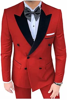 JELTONEWIN אדום רזה חליפות גברים כפול עם חזה השושבינים בחתונה החתן חליפות מסיבת הסיום עסקים 2 חלקים (ג ' קט+מכנסיים+קשת)
