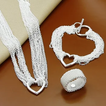 JewelryTop 925 כסף סטרלינג תכשיטים מגדיר שרשרת שרשרת לב צמיד טבעות להגדיר עבור נשים החתונה המקורית מעצב מתנות