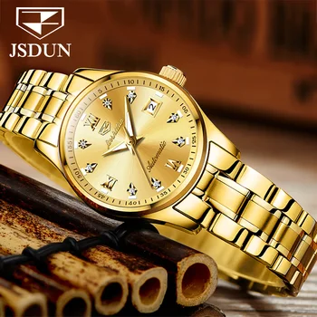 JSDUN אוטומטי מכאני שעון נשים זהב שעונים מקורי מותג יוקרה יהלומים גברת שעון יד פלדה אל חלד עמיד למים