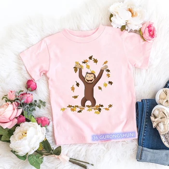 Kawaii בנות חולצות ג ' ורג ' הסקרן קוף מצויר הדפס בגדי ילדים קיץ tees בנות tshirts ורוד עם שרוול קצר חולצות