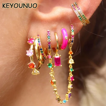 KEYOUNUO זהב מלא עגילים להגדיר עבור נשים האוזן האזיקים צבעוני מצופה להשתלשל עגילי חישוק מסיבת אופנה תכשיטים הסיטוניים