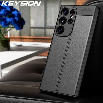 KEYSION Shockproof Case for Samsung S23 אולטרה S23 בנוסף מרקם עור רך סיליקון Phone back cover לגלקסי S23+ פלוס