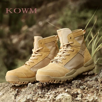 KOWM נעלי הליכה גברים עמיד למים מגפי ציד נעליים טקטיות נעליים המדבר בקרב נשים קרסול נעלי עור הנעליים הצבאיות