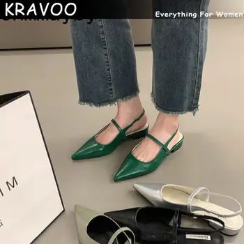 KRAVOO מחודד בוהן נשים סנדל נעלי אופנה רדוד להחליק על דירות העקב נשים אלגנטי המשרד נעליים חיצונית Slingback פרדות