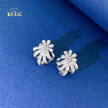 KUGG 18K לבן או רוז עגילי זהב אמיתי טבעי עגילי יהלומים יוקרתיים פרח עיצוב חתונה עגילים לנשים