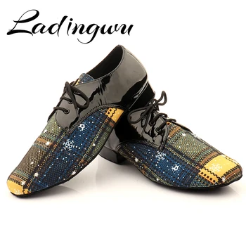 Ladingwu מודרנית חדשה של גברים רך התחתונה נעלי ריקוד לטיני חום כחול ג 'ינס אולם הוולס ריקוד סמבה נעלי העקב 2.5/4.5 ס