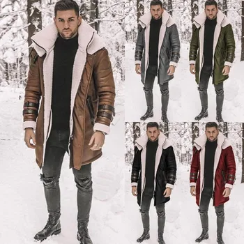 Lugentolo ארוך דמוי עור גברים מעיל גודל גדול רופף בציר פרווה דש רוכסן אופנה החורף חמים לגברים ביגוד