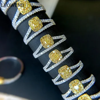 LUOWEND 18K זהב לבן, טבעות טבעי צהוב יהלומים 0.50 קראט קלאסי כיכר סגנון טבעת נישואין לנשים גבוהה תכשיטים