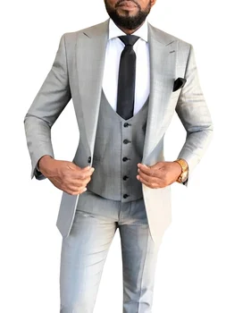 Mens חליפות Slim Fit 3 חלקים בצבע בז 'עסקים החתן ז' קט טוקסידו בלייזר אפור חליפות חתונה, נשף, ערב(קט+מכנסיים)